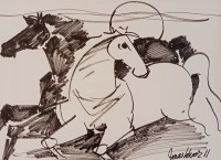 Mashkoor Raza, 11 x 15 Inch, Pen And Ink On Paper, Horse Painting, AC-MR-749 Mashkoor Raza, 11 x 15 Inch, Pen And Ink On Paper, Horse Painting, AC-MR-749